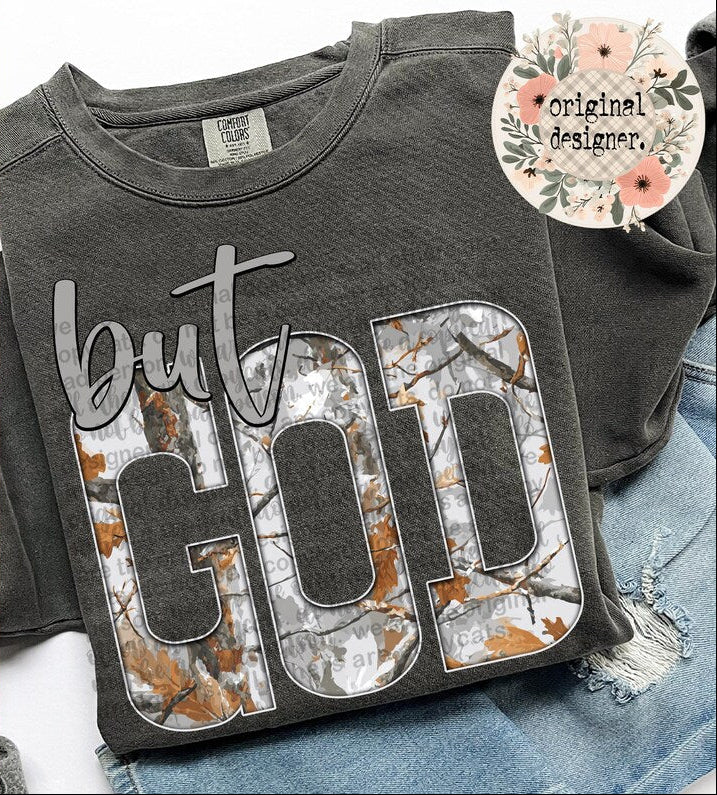 Gray Camo But God DTF Transfer Design