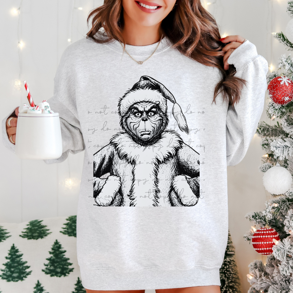 Grinch black and white line art DTF Transfer Design