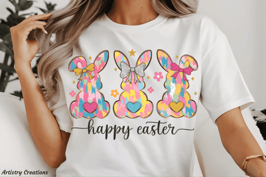 HAPPY EASTER 3 BUNNYS BRUSH DTF Transfer Design