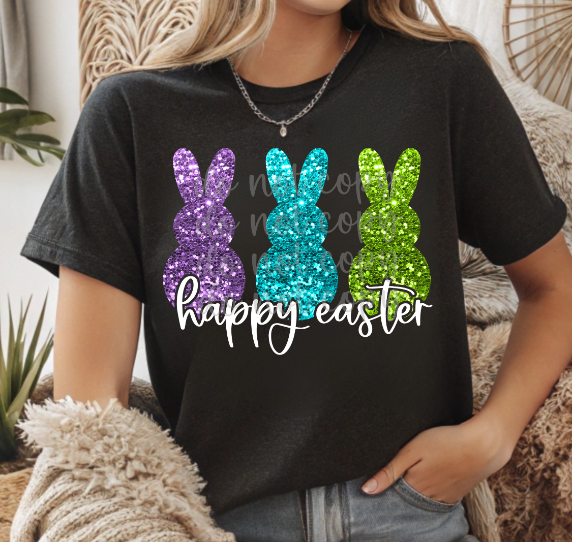 Happy Easter 3 bunny faux glitter DTF Transfer Design