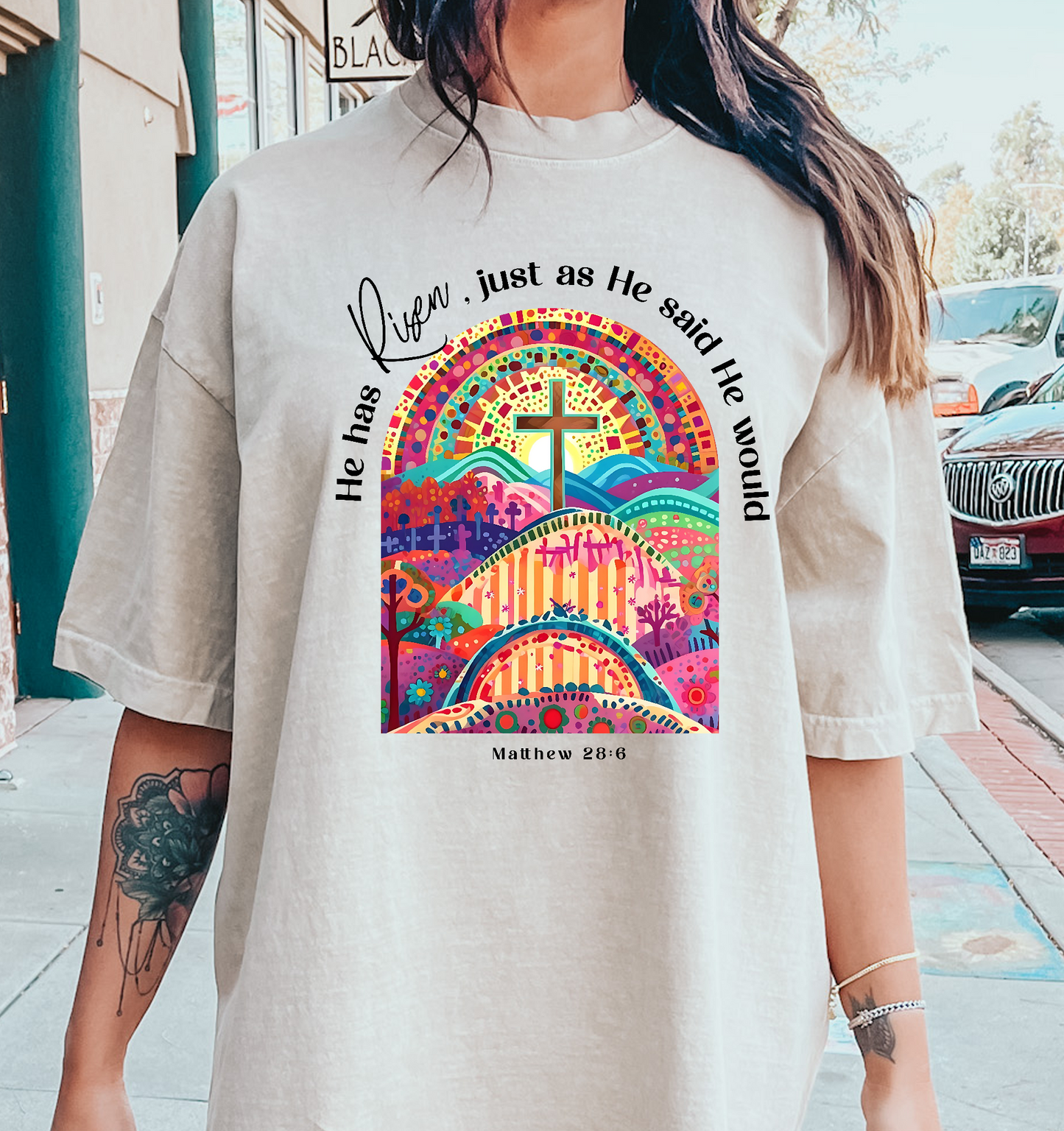 He has risen just as He said He would colorful hills with cross DTF Transfer Design