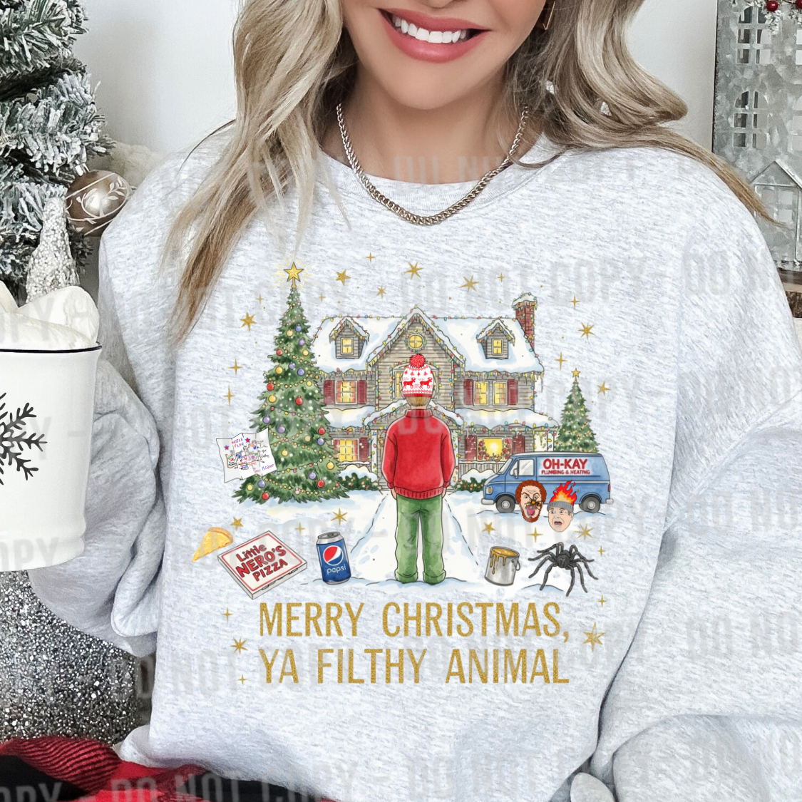 Merry Christmas ya filthy animal home alone looking at house DTF Transfer Design