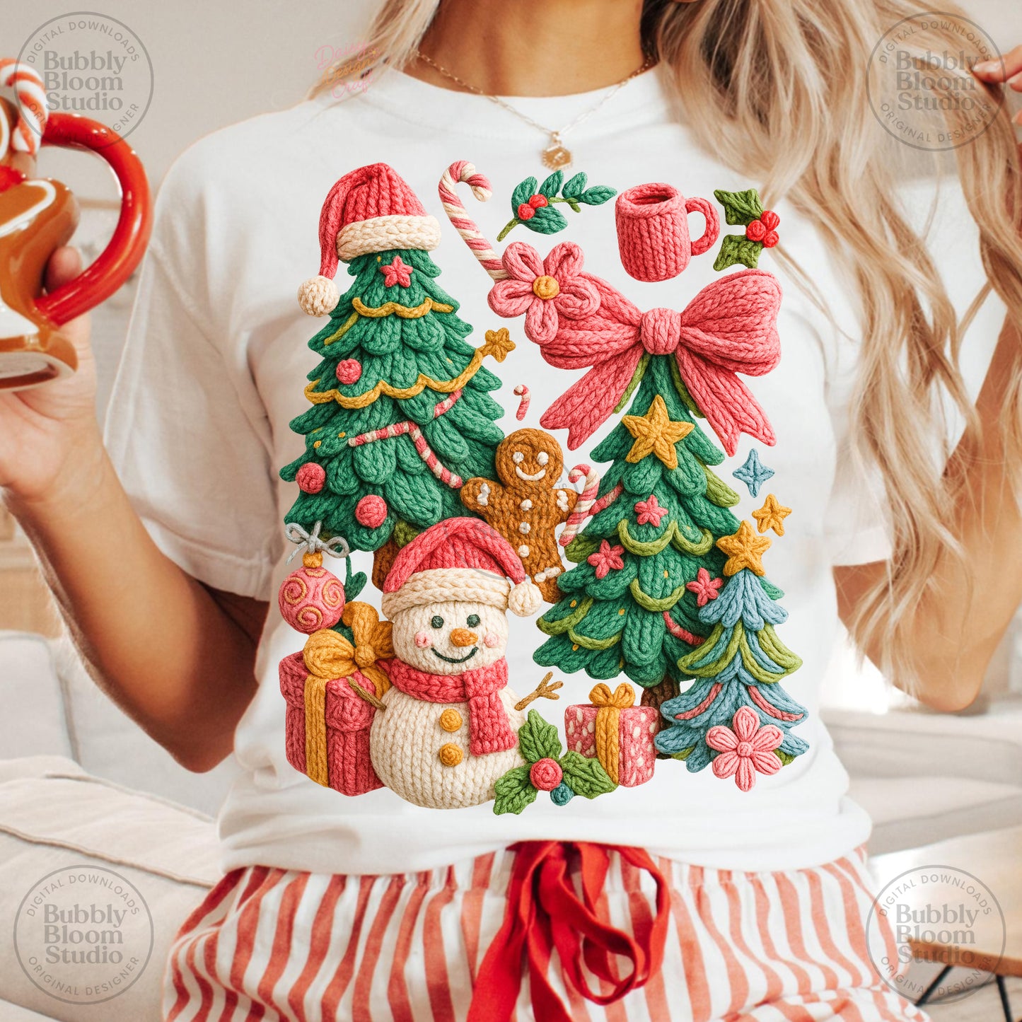 Christmas collage bow snowman yarn DTF Transfer Design