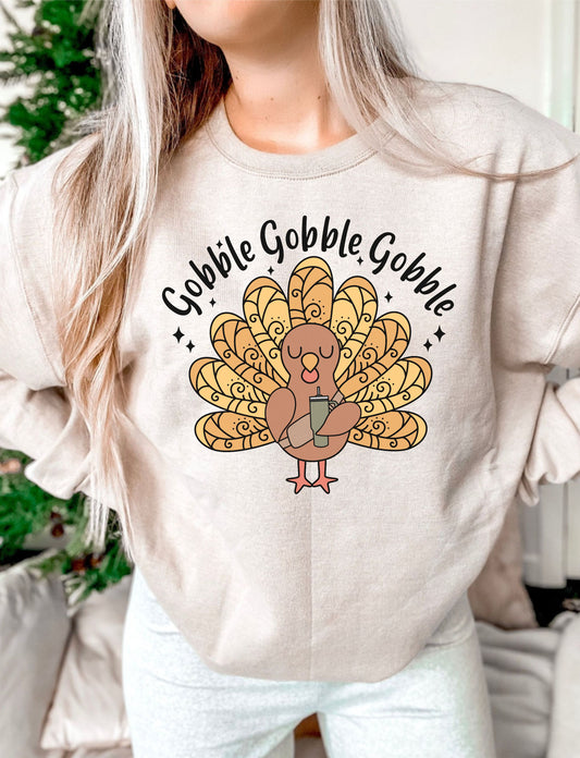Gobble Gobble Gobble Turkey with cup DTF Transfer Design