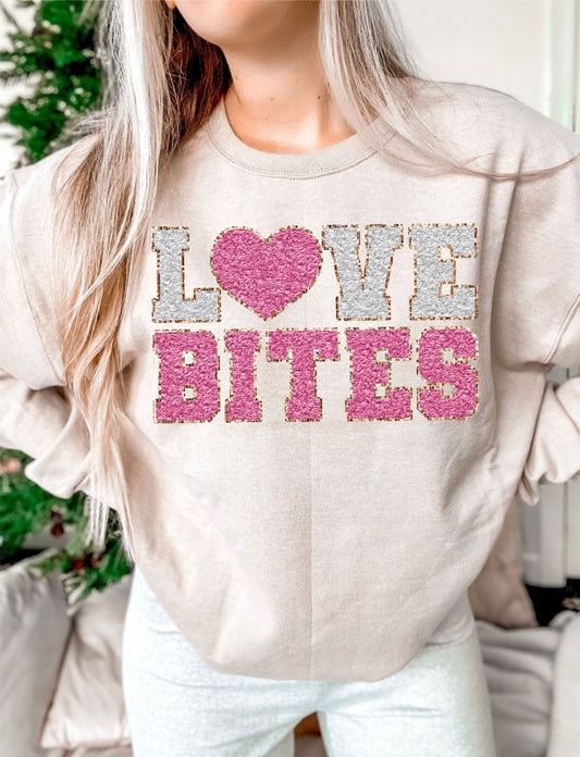 Love Bites pink heart Faux Chenille DTF Transfer Design ozan