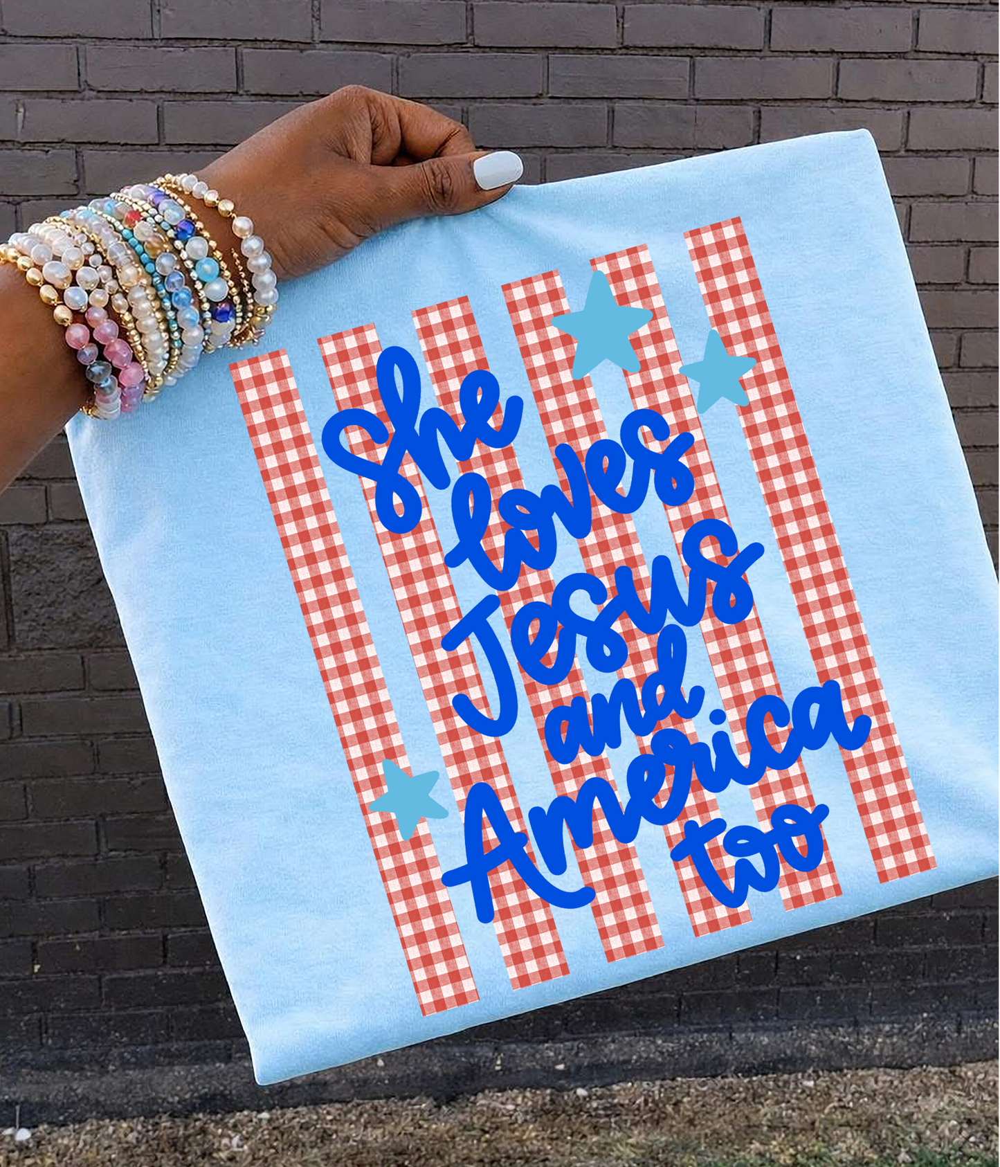 She loves Jesus and America too red or blue gingham DTF Transfer design