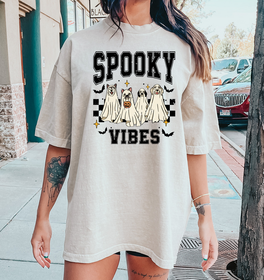 Spooky Vibes Dog Ghosts Checkered DTF Transfer Design
