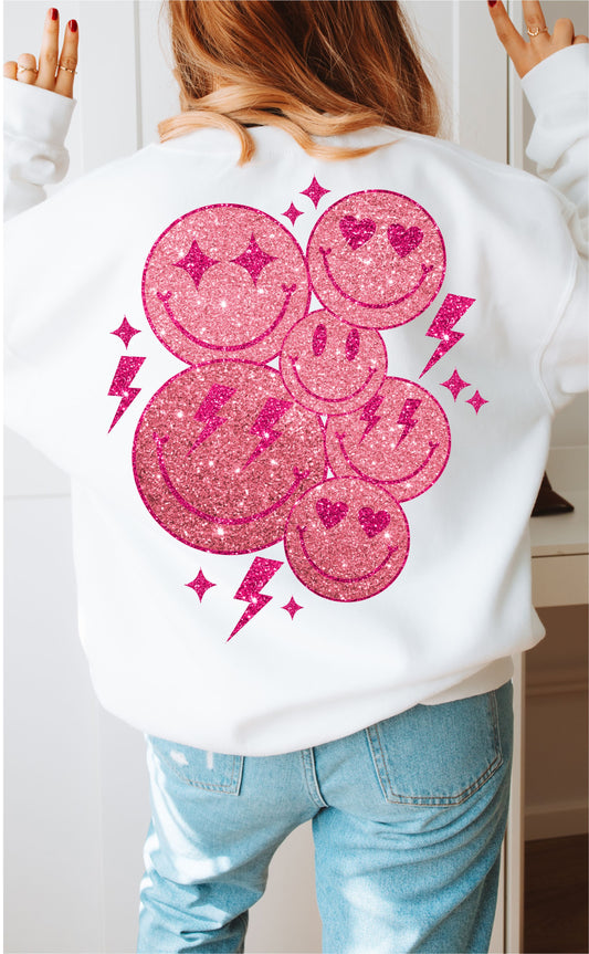 Stacked Smiley Faces Pink Glitter DTF Transfer Design