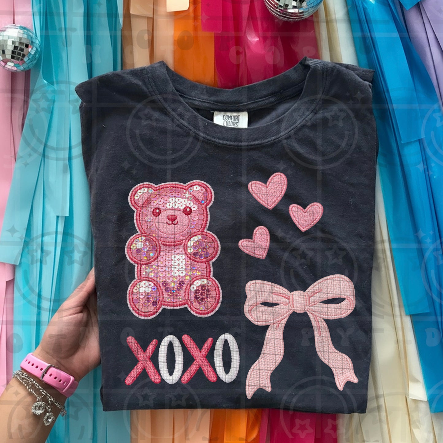 XOXO, pink gummy bear and bow collage DTF Transfer Design