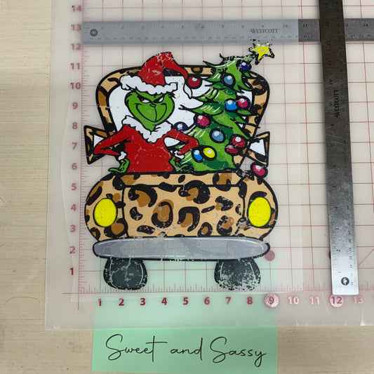 The Grinch in leopard truck DTF Transfer Design