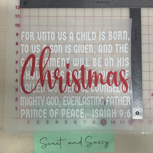 "For unto us a child is Born, Christmas" DTF Transfer Design