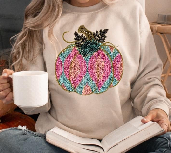 Ikat Pumpkin teal and pink DTF Transfer Design