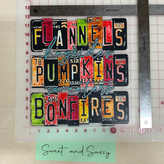 Flannels Hayrides Pumpkins license plate DTF Transfer Design