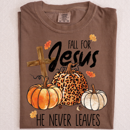 Fall for Jesus He never leaves pumpkin cross leaves DTF Transfer Design