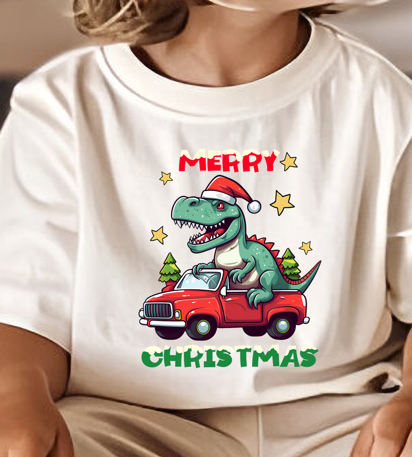 Merry Christmas Dino in truck Rex DTF Transfer Design