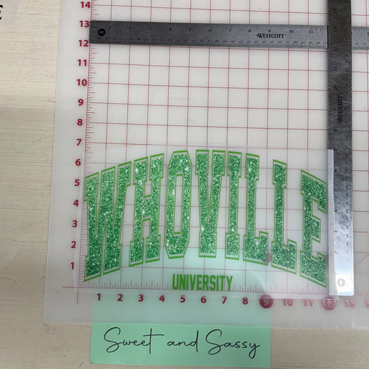 Whoville University Glitter DTF Transfer Design