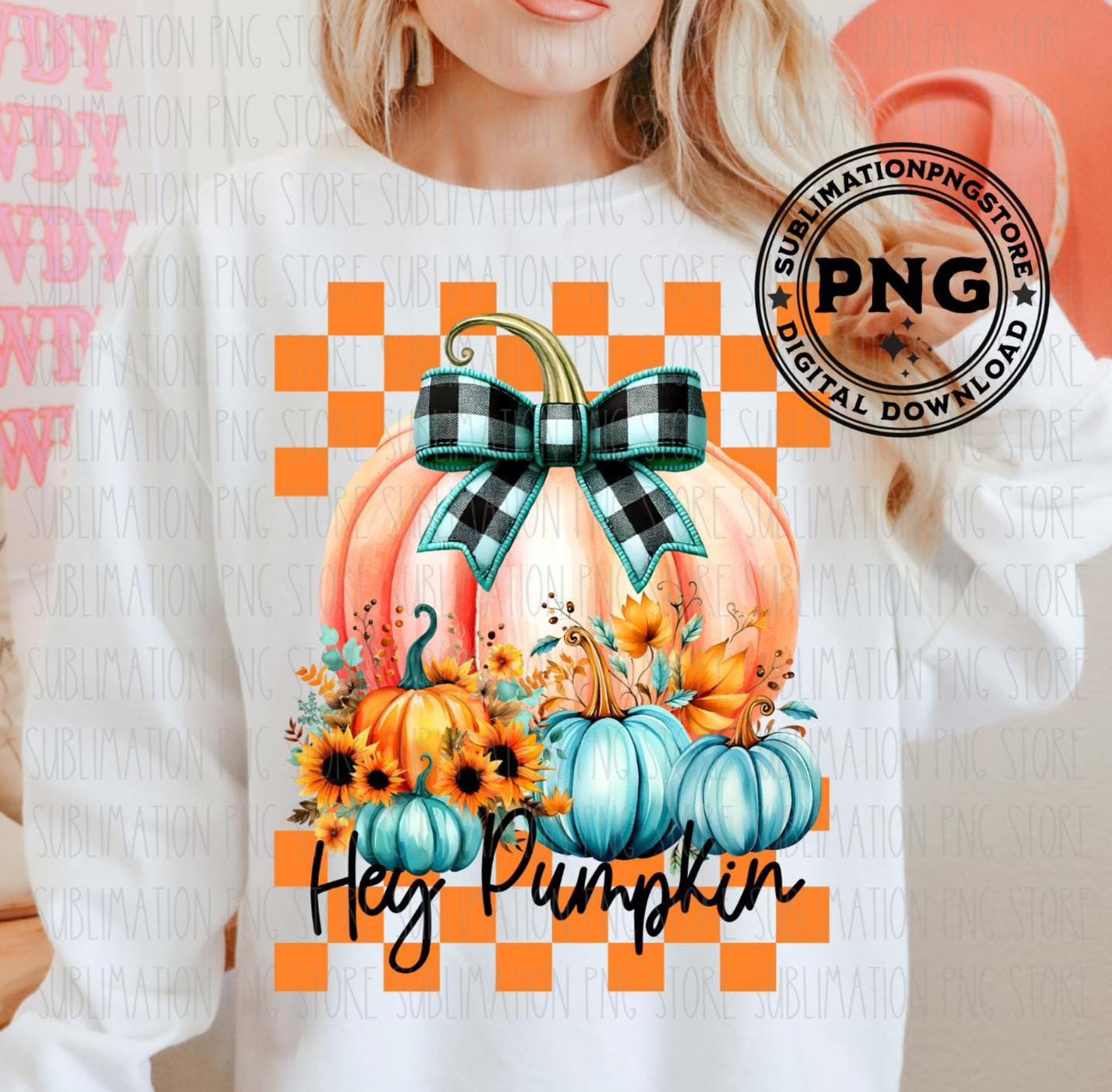 Hey Pumpkin Orange Checkered DTF Transfer Design