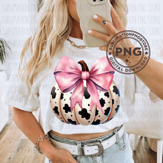 Pumpkin cowprint pink bow DTF Transfer Design