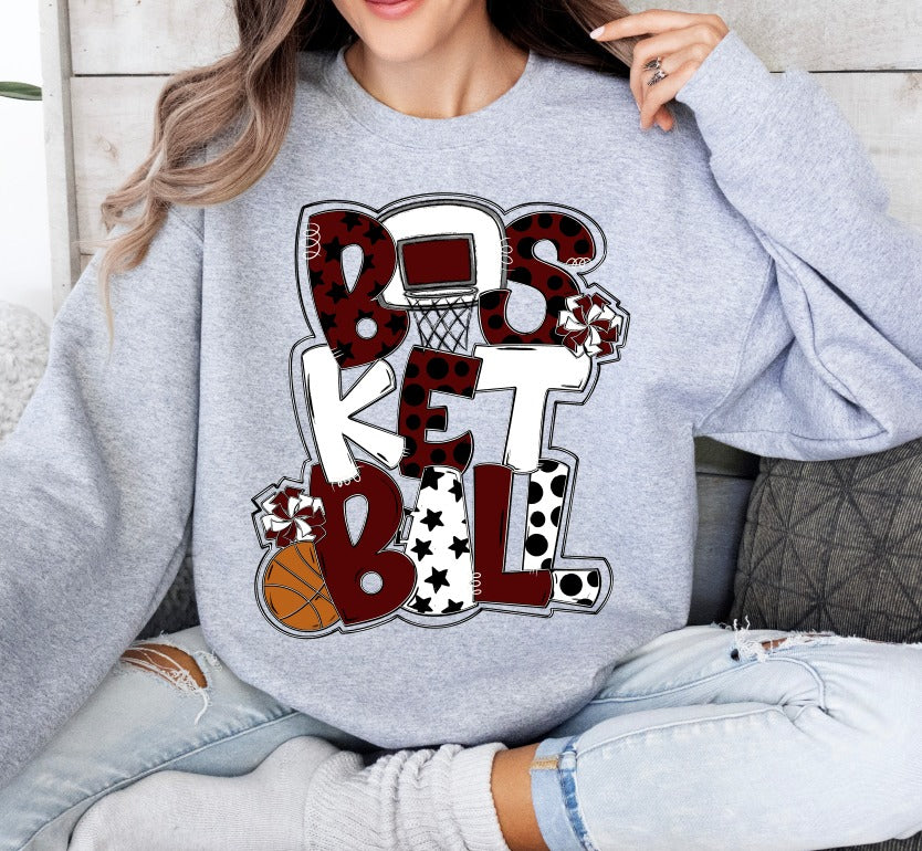 Basketball Word Art Maroon and White DTF Transfer Design