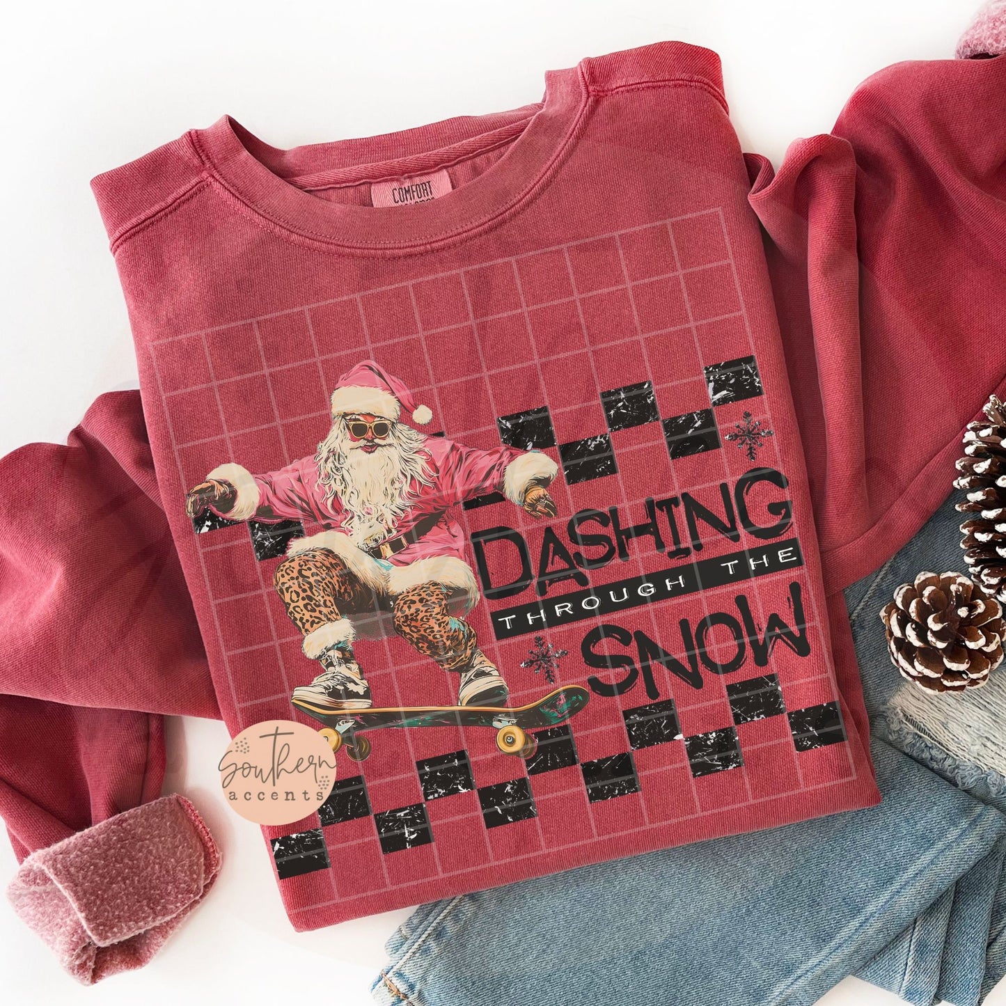 Dashing Through the Snow Santa on Skateboard DTF Transfer Design