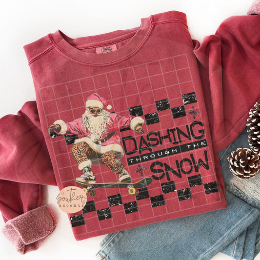 Dashing Through the Snow Santa on Skateboard DTF Transfer Design