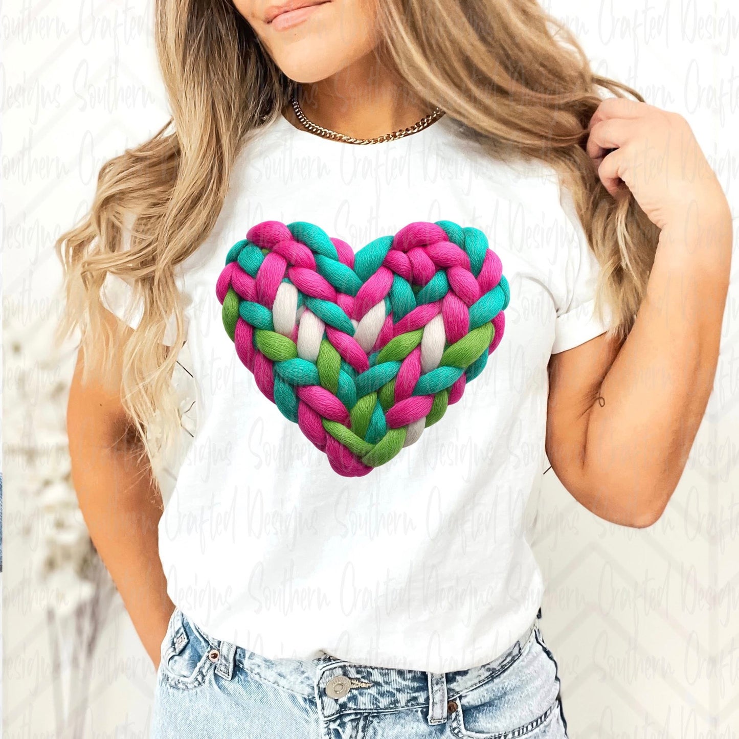 Knitted Heart pink green and blue DTF Transfer Design