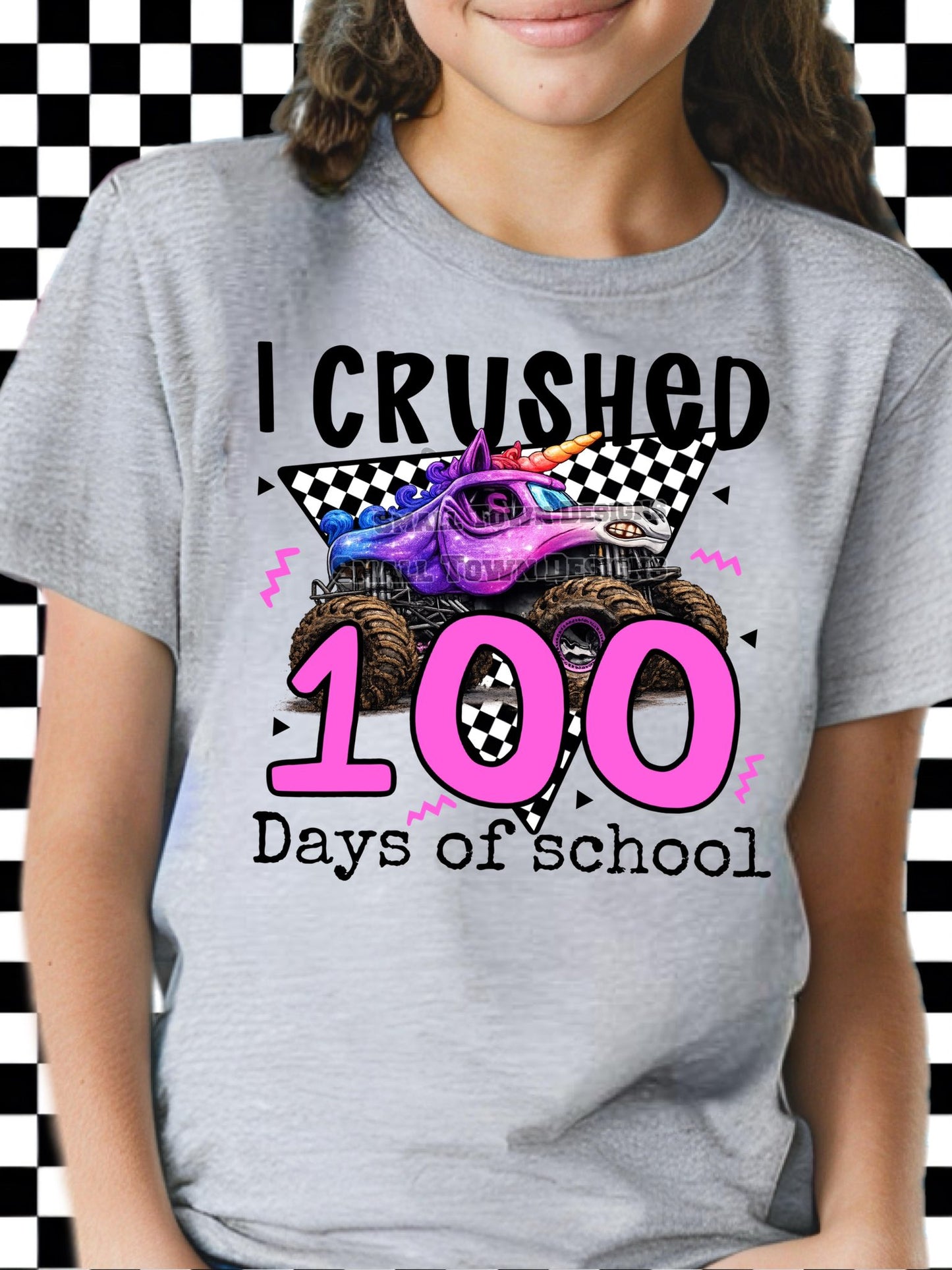 I crushed 100 days of school monster trucks green or pink DTF Transfers Designs