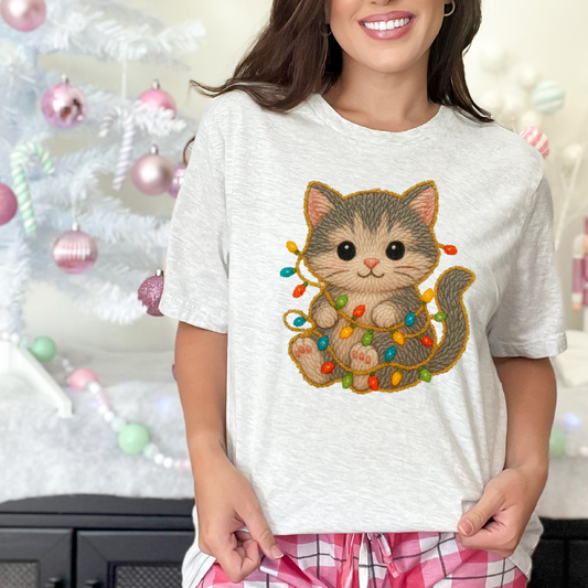 Kitten christmas lights Yarn DTF Transfer Design