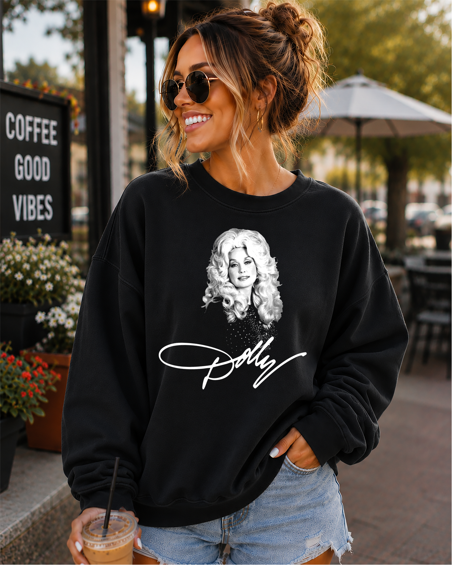 Dolly Parton half tone I go on a black shirt