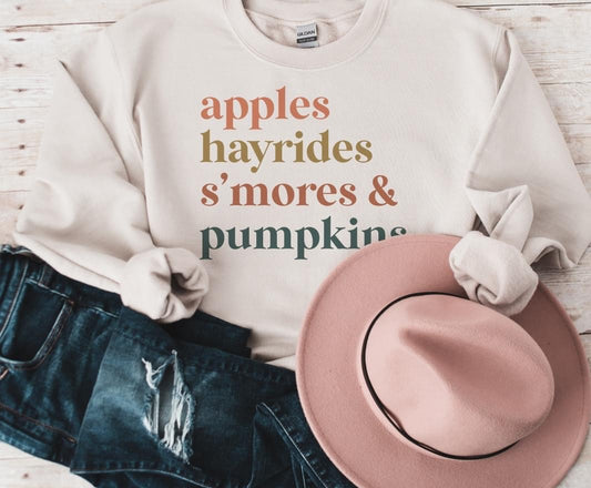 Apples, hayrides, s’mores, & pumpkin  DTF Transfer Design