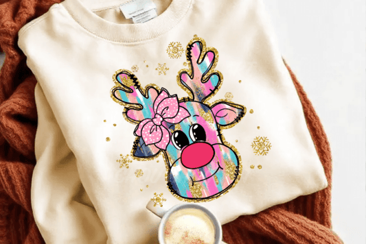 brushstroke pink bow reindeer DTF Transfer Design