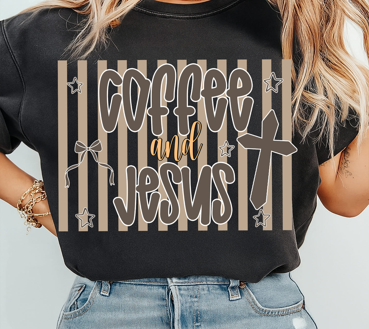 COFFEE AND JESUS stripes DTF Transfer Design