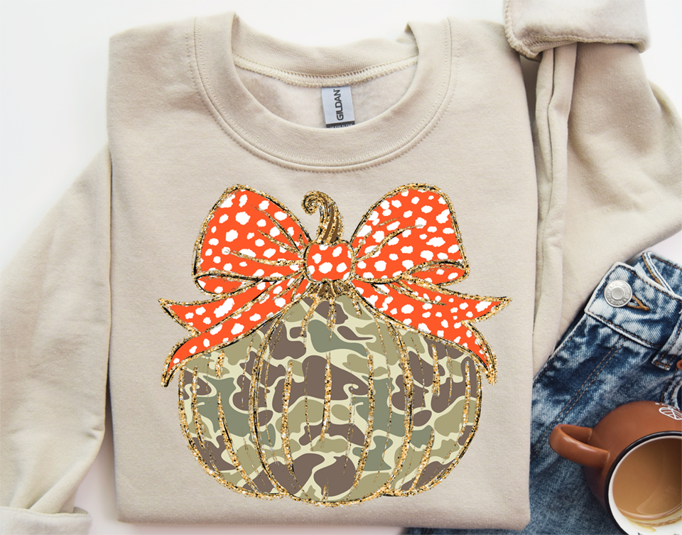 Camo coquette pumpkin orange bow DTF Transfer Design