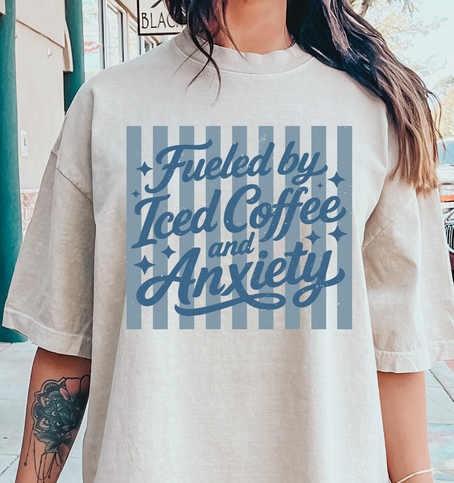 Fueled by Iced Coffee and Anxiety DTF Transfer Design