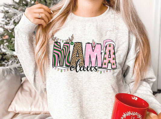 MAMA Claus with antlers and lightsDTF Transfer Design