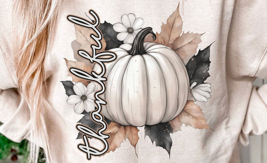 Cursive Thankful with white pumpkin DTF Transfer Design