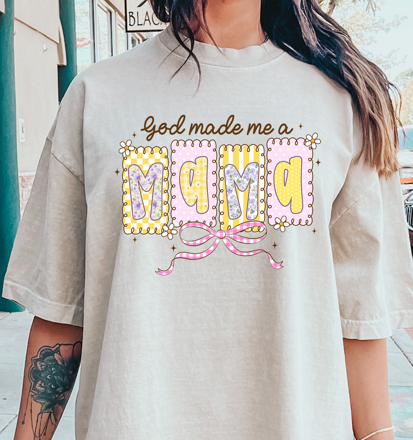 GOD MADE ME A MAMA-stamps and bow DTF Transfer Design