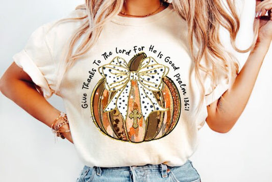 Give Thanks To The Lord pumpkin bow with cross DTF Transfer Design