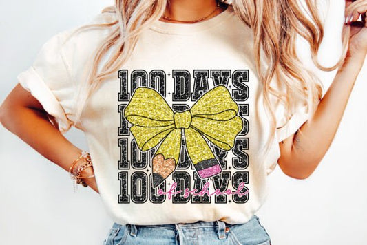 100 Days of School Pencil Bow Glitter DTF Transfer Designs CF