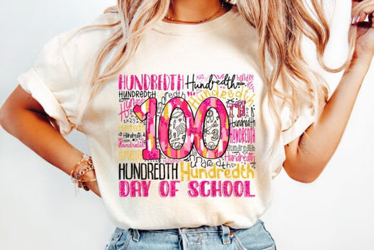 100 Day of School pink typography DTF Transfer Designs CF