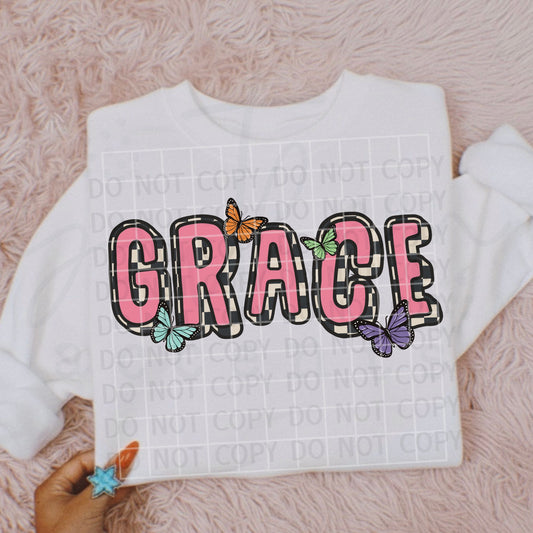 Grace checkered and butterflies DTF Transfer Design