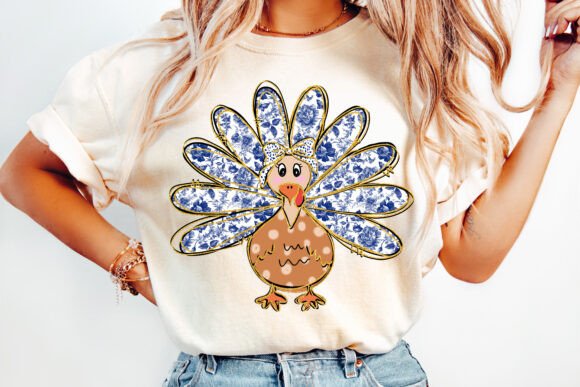 Turkey Blue Flora Thanksgiving DTF Transfer Design