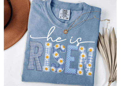 He is Risen blue toile patchwork Easter DTF Transfer Design