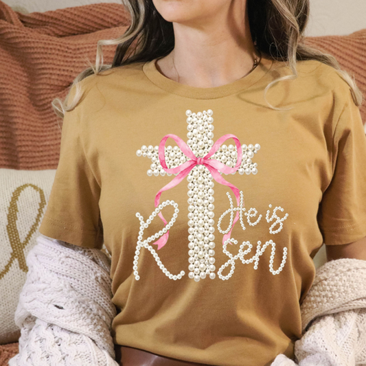 He is Risen Pearls and Pink bow DTF Transfer Design