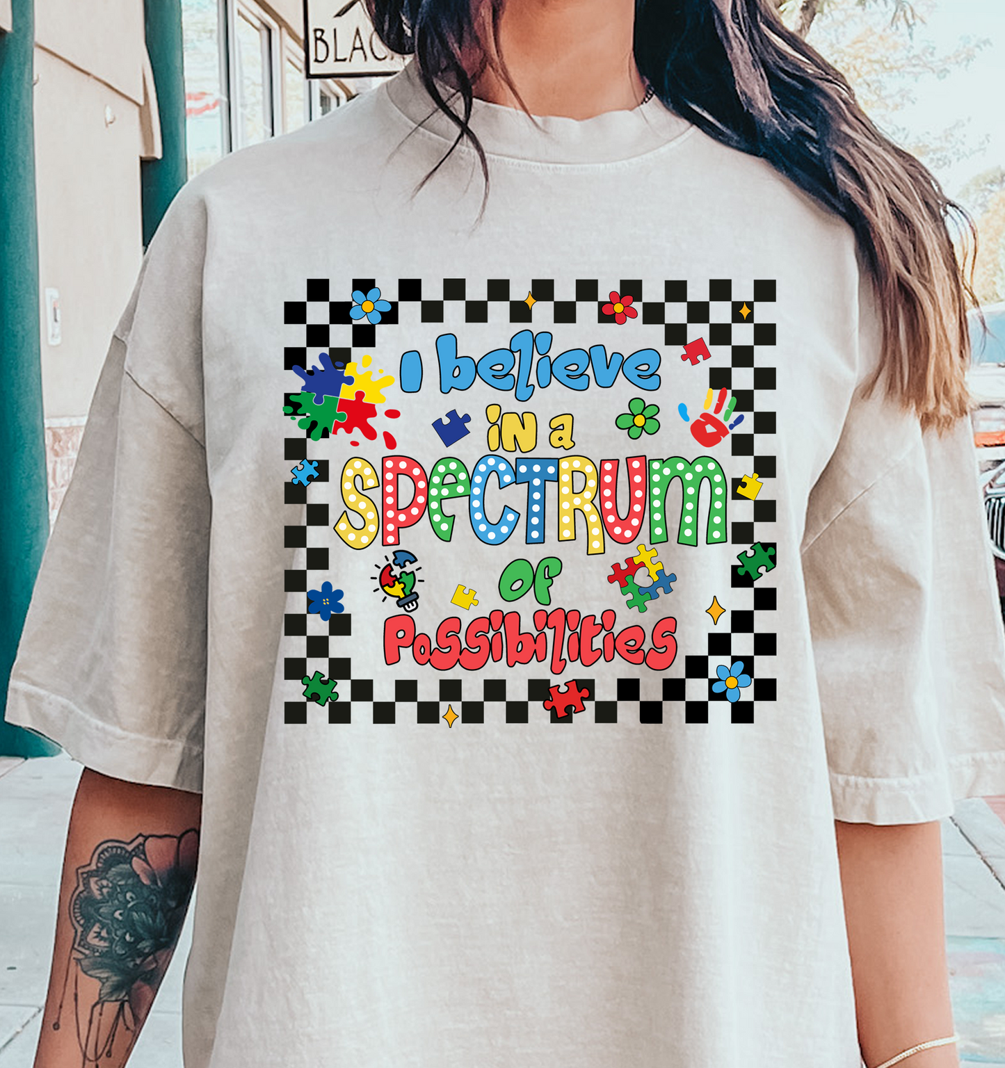 I Believe in a Spectrum of Possibilities Autism checkered  DTF Transfer Design