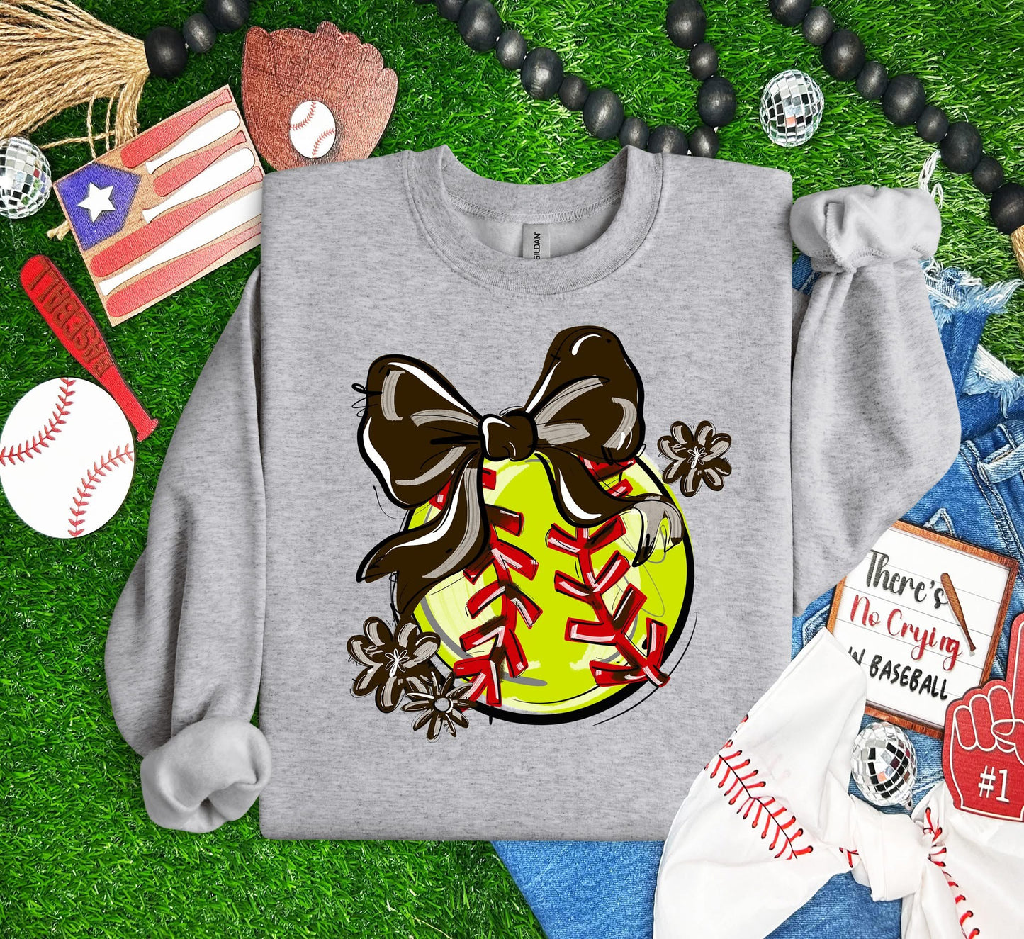 Play Ball Softball Team Color Bow DTF Transfer Design
