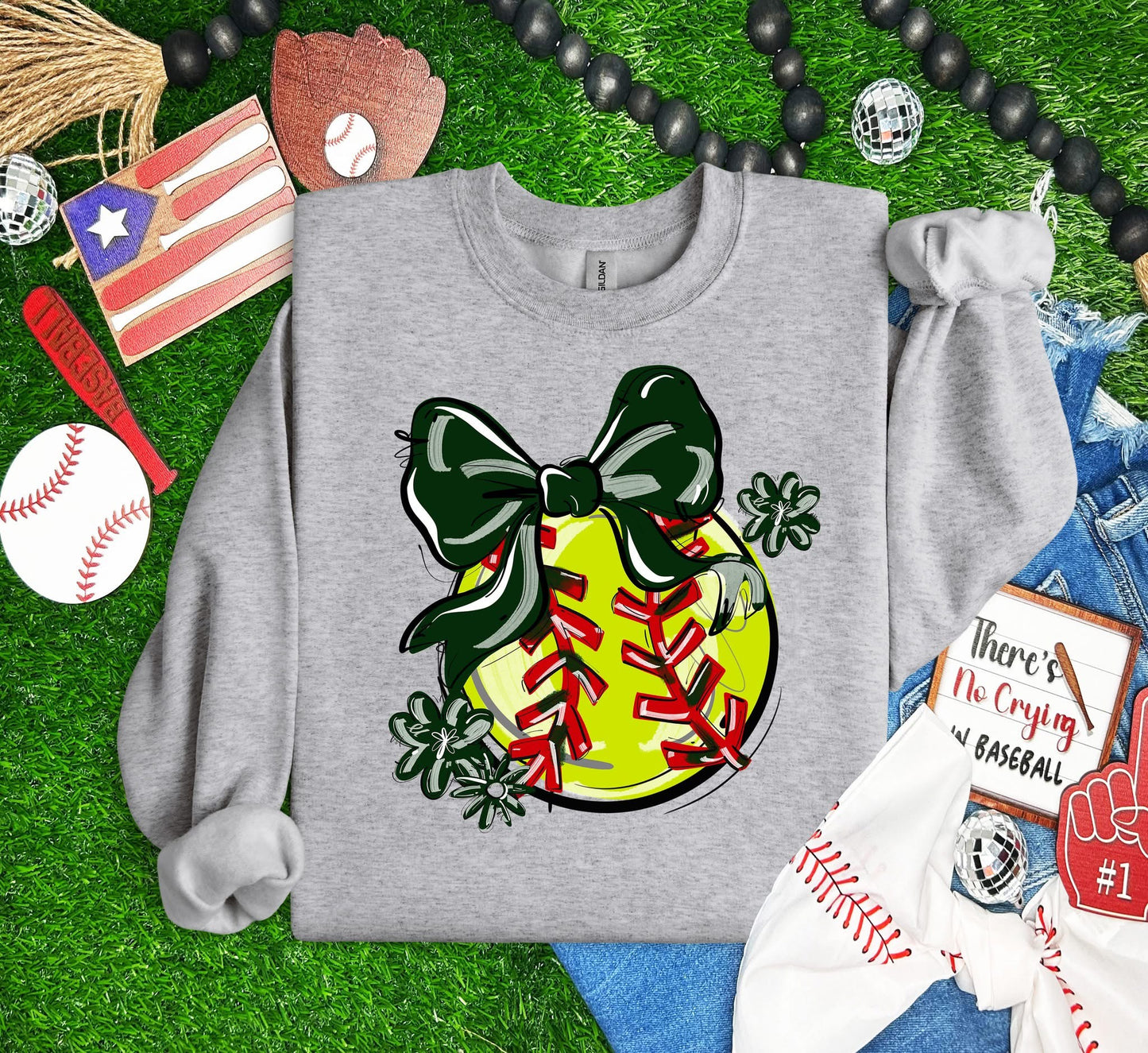 Play Ball Softball Team Color Bow DTF Transfer Design