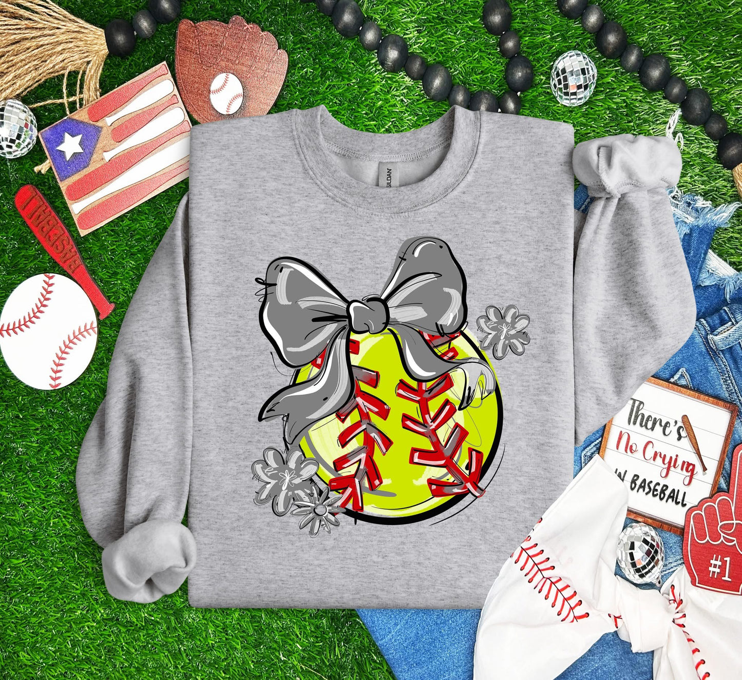Play Ball Softball Team Color Bow DTF Transfer Design