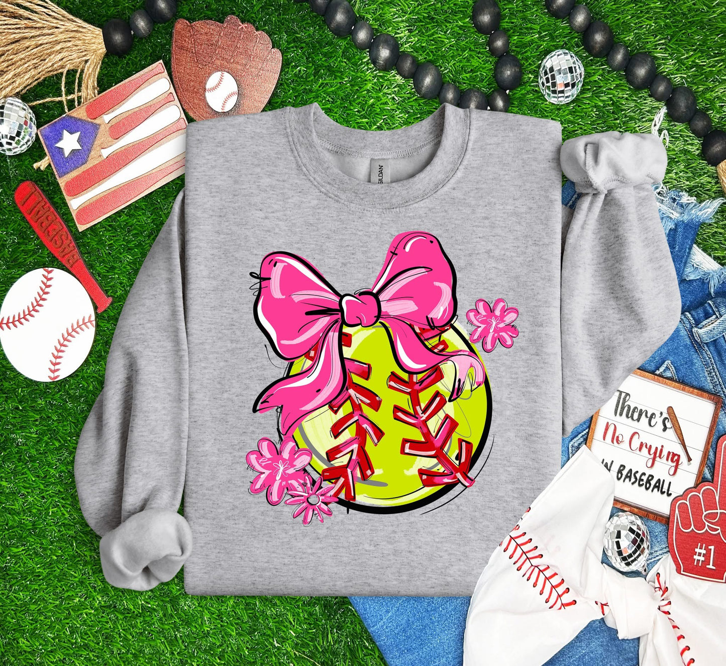 Play Ball Softball Team Color Bow DTF Transfer Design