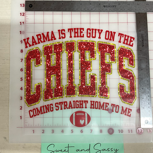 Karma is the guy on the Chiefs sequins DTF Transfer Design